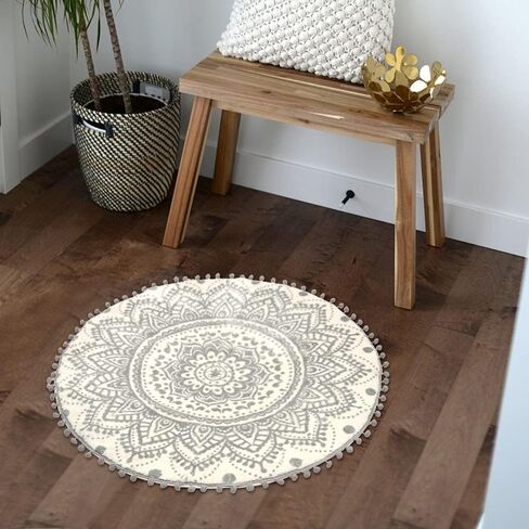 Uphome Small Round Rug 2’ Boho Beige and Black Bathroom Rug with Pom Poms Fringe Washable Mandala Circle Shower Mat Soft Non-Slip Cute Circular Throw Rug for Sink Powder Room Kids Room Nursery in Kuwait