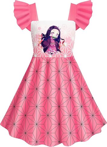 Girls Kamado Nezuko Dress Kids Flutter Sleeves Dress Outfits Anime Clothes in Saudi Arabia