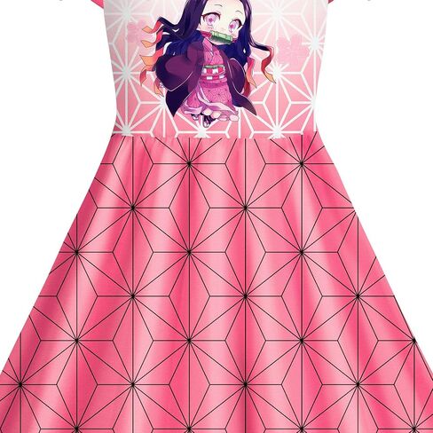 Girls Kamado Nezuko Dress Kids Flutter Sleeves Dress Outfits Anime Clothes in Saudi Arabia