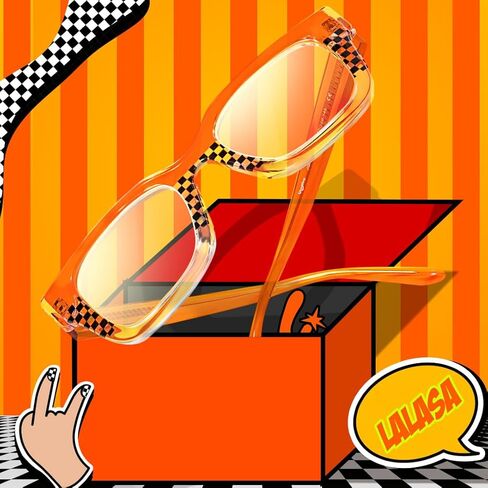 VOOGLAM Square Blue Light & UV400 Blocking Eyestrain Eyewear for Women Orange & Black-White Checkered Acetate in Kuwait