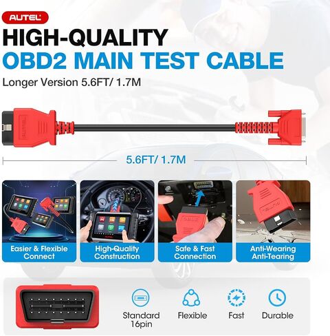 Autel Original 16 Pin Obdii كابل الاختبار الرئيسي، 5.6FT/ 1.7M obd2 كابل اختبار التشخيص DB15، مناسب MK808S MK808 MK808Z MX808S MX808 MP808 MP808S DS708 DS808 IM508S IM508 MS905 MS906 MS908 in Saudi Arabia