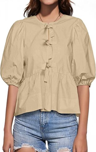 Tankaneo Womens Tie Front Tops Summer Peplum Babydoll Puff Short Sleeve Blouse Cute Cotton Shirts in Saudi Arabia