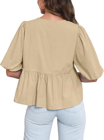 Tankaneo Womens Tie Front Tops Summer Peplum Babydoll Puff Short Sleeve Blouse Cute Cotton Shirts in Saudi Arabia