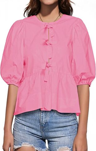 Tankaneo Womens Tie Front Tops Summer Peplum Babydoll Puff Short Sleeve Blouse Cute Cotton Shirts in Saudi Arabia