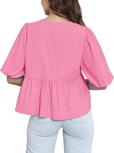 Tankaneo Womens Tie Front Tops Summer Peplum Babydoll Puff Short Sleeve Blouse Cute Cotton Shirts in Saudi Arabia