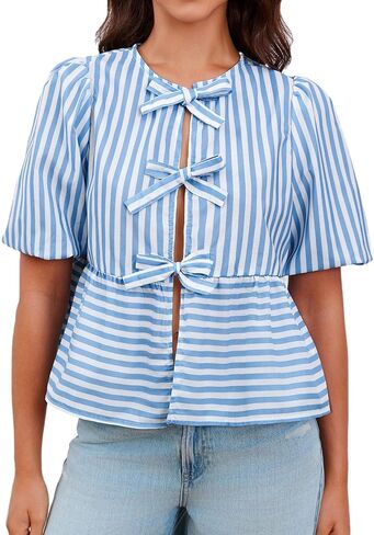 Tankaneo Womens Tie Front Tops Summer Peplum Babydoll Puff Short Sleeve Blouse Cute Cotton Shirts in Saudi Arabia