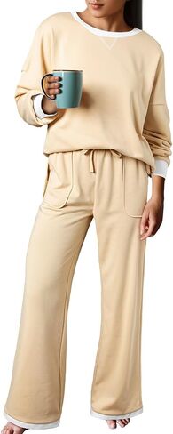 Aleumdr Women's 2 Piece Outfits Lounge Set Long Sleeve Pullover Top with Wide Leg Pants Tracksuit Matching Set 2024 in Kuwait