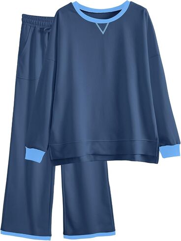 Aleumdr Women's 2 Piece Outfits Lounge Set Long Sleeve Pullover Top with Wide Leg Pants Tracksuit Matching Set 2024 in Kuwait