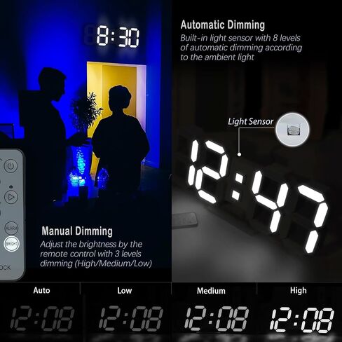 KOSUMOSU LED Wall Clock for Bedroom 15" Large Digital Clock for Living Room Decor Modern Desk Clock with Alarm Clock/Remote/Dimmer/Time/Date/Temp(Black Wall Clock) in Saudi Arabia