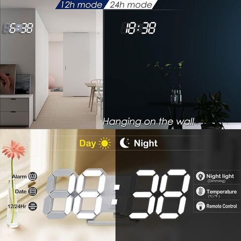 KOSUMOSU LED Wall Clock for Bedroom 15" Large Digital Clock for Living Room Decor Modern Desk Clock with Alarm Clock/Remote/Dimmer/Time/Date/Temp(Black Wall Clock) in Saudi Arabia