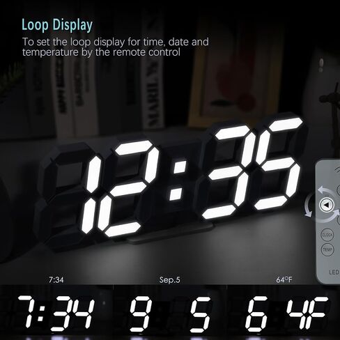 KOSUMOSU LED Wall Clock for Bedroom 15" Large Digital Clock for Living Room Decor Modern Desk Clock with Alarm Clock/Remote/Dimmer/Time/Date/Temp(Black Wall Clock) in Saudi Arabia