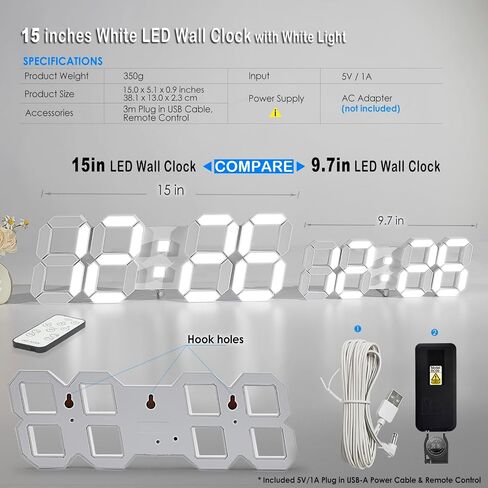 KOSUMOSU LED Wall Clock for Bedroom 15" Large Digital Clock for Living Room Decor Modern Desk Clock with Alarm Clock/Remote/Dimmer/Time/Date/Temp(Black Wall Clock) in Saudi Arabia