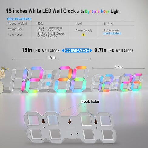 ساعة حائط رقمية LED ثلاثية الأبعاد من KOSUMOSU، 9.7 بوصة، ساعة طاولة/مكتب كبيرة الحجم مع جهاز تحكم عن بعد درجة حرارة 12/24 ساعة (ضوء أبيض) in Kuwait