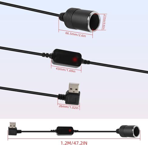 GELRHONR الزاوية اليمنى USB إلى محول ولاعة السجائر، 5 فولت USB A التوصيل إلى 12 فولت مقبس ولاعة السجائر أنثى محول سلك محول لنظام تحديد المواقع العالمي (GPS)، كاميرا داش، كلب إلكتروني (120 سم) in Saudi Arabia