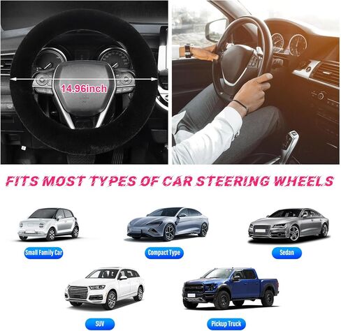 Fuzzy Car Steering Wheel Cover, Fluffy Soft Fur Wheel Protector for Warm Winter, 15'' Anti-Slip Steering Wheel Covers, Universal Vehicle Interior Accessories for Men Women (Black) in Kuwait