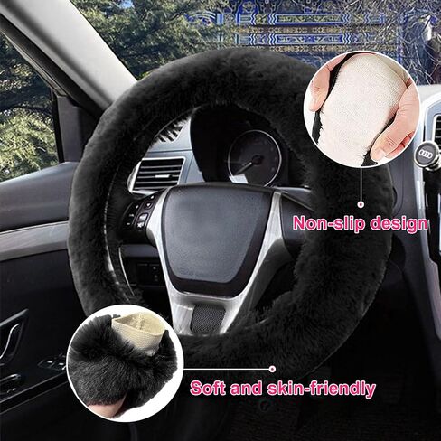 Fuzzy Car Steering Wheel Cover, Fluffy Soft Fur Wheel Protector for Warm Winter, 15'' Anti-Slip Steering Wheel Covers, Universal Vehicle Interior Accessories for Men Women (Black) in Kuwait