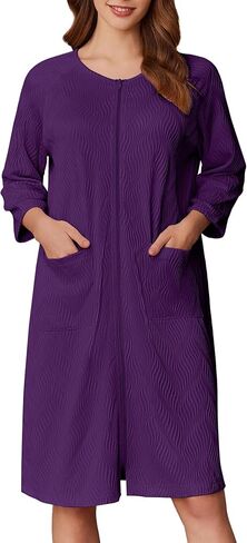 Ekouaer Women Zipper Robes 3/4 Sleeve Ribbed Knit Bathrobe Lightweight Knee Length Loungewear Housecoat with Pockets S-3XL in Saudi Arabia