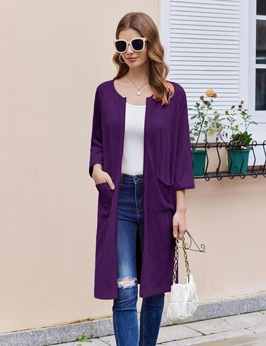 Ekouaer Women Zipper Robes 3/4 Sleeve Ribbed Knit Bathrobe Lightweight Knee Length Loungewear Housecoat with Pockets S-3XL in Saudi Arabia