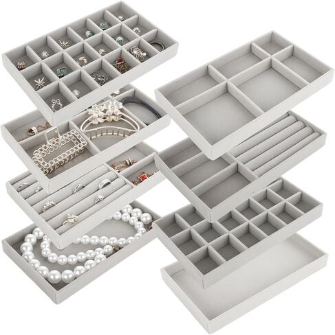 8PCS Stackable Jewelry Organizer Trays, Velvet Jewelry Tray Jewelry Organizer for Drawer, Jewelry Drawer Organizer Inserts for Earring Necklace Bracelet Ring (Gray) in Saudi Arabia