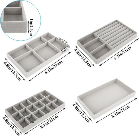 8PCS Stackable Jewelry Organizer Trays, Velvet Jewelry Tray Jewelry Organizer for Drawer, Jewelry Drawer Organizer Inserts for Earring Necklace Bracelet Ring (Gray) in Saudi Arabia