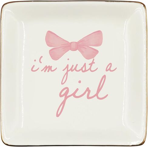 Just A Girl Ceramic Jewelry Tray Dish, Coquette Pink Bow Jewelry Plate Ring Trinket Dish, Girly Preppy Trendy Gifts for Girl Women Bestie Teens, Friendship Gifts for Best Friends 427 in Saudi Arabia