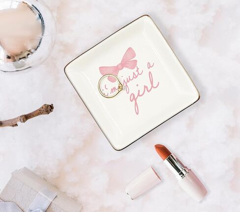 Just A Girl Ceramic Jewelry Tray Dish, Coquette Pink Bow Jewelry Plate Ring Trinket Dish, Girly Preppy Trendy Gifts for Girl Women Bestie Teens, Friendship Gifts for Best Friends 427 in Saudi Arabia