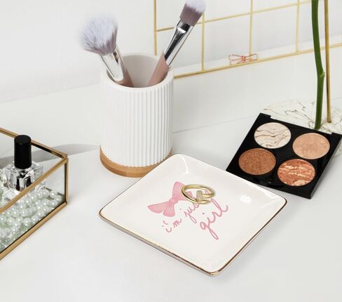 Just A Girl Ceramic Jewelry Tray Dish, Coquette Pink Bow Jewelry Plate Ring Trinket Dish, Girly Preppy Trendy Gifts for Girl Women Bestie Teens, Friendship Gifts for Best Friends 427 in Saudi Arabia