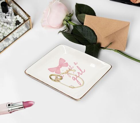 Just A Girl Ceramic Jewelry Tray Dish, Coquette Pink Bow Jewelry Plate Ring Trinket Dish, Girly Preppy Trendy Gifts for Girl Women Bestie Teens, Friendship Gifts for Best Friends 427 in Saudi Arabia
