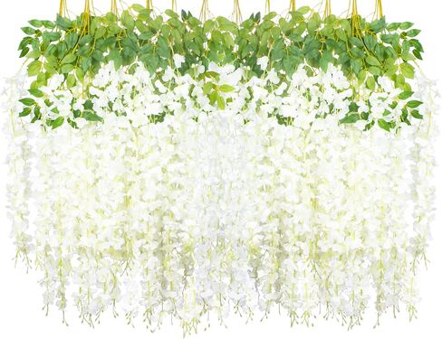 24 Pack Artificial Fake Wisteria Vine Ratta (3.75 Feet) Hanging Garland Silk Flowers String Home Party Wedding Decor (White) in Saudi Arabia