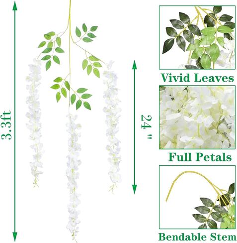 24 Pack Artificial Fake Wisteria Vine Ratta (3.75 Feet) Hanging Garland Silk Flowers String Home Party Wedding Decor (White) in Saudi Arabia