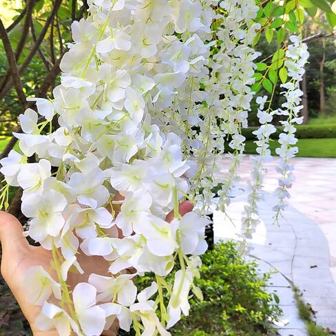 24 Pack Artificial Fake Wisteria Vine Ratta (3.75 Feet) Hanging Garland Silk Flowers String Home Party Wedding Decor (White) in Saudi Arabia
