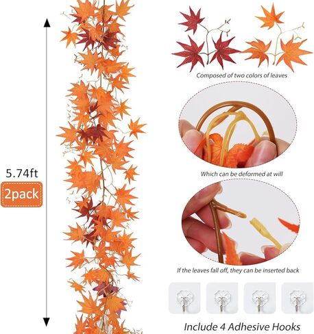 أوراق القيقب الاصطناعية فاينز جارلاند 2 قطعة 5.7 قدم كرمة حريرية وهمية الخريف القيقب جارلاند الخريف يترك النباتات الخضراء المعلقة ديكور للمنزل الخارجي والداخلي ومدفأة عيد الشكر (بورجوندي) in Kuwait