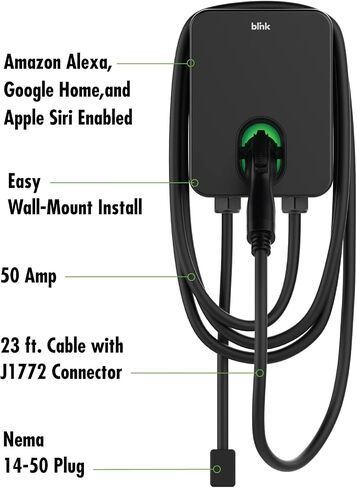 Blink Charging HQ 200 شاحن منزلي للسيارة الكهربائية (EV) NEMA 14-50 Plugin Level 2 (240 فولت) 50 أمبير مزود بتقنية Wi-Fi داخلي/خارجي مع كابل شحن بطول 23 قدم in Saudi Arabia
