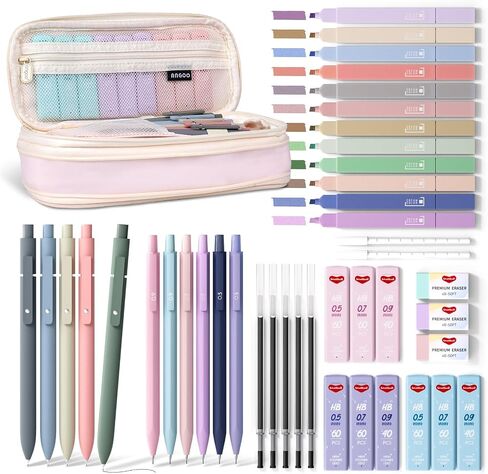40PCS Aesthetic School Supplies with Cute Pen Case, 12 Color Pastel Highlighters, 5 Quick Dry Retractable Black Ink Pens, 6 Pastel Mechanical Pencil 0.5 & 0.7 mm for Student Stationary in Saudi Arabia