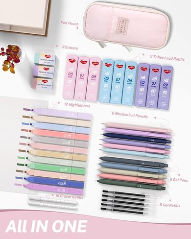 40PCS Aesthetic School Supplies with Cute Pen Case, 12 Color Pastel Highlighters, 5 Quick Dry Retractable Black Ink Pens, 6 Pastel Mechanical Pencil 0.5 & 0.7 mm for Student Stationary in Saudi Arabia