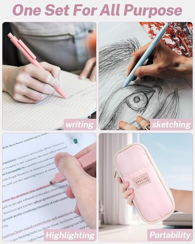 40PCS Aesthetic School Supplies with Cute Pen Case, 12 Color Pastel Highlighters, 5 Quick Dry Retractable Black Ink Pens, 6 Pastel Mechanical Pencil 0.5 & 0.7 mm for Student Stationary in Saudi Arabia