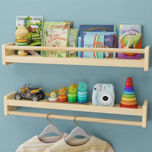 Nursery Floating Shelves with Hanging Rod, 33 Inch Kid's Bookshelves Set of 2, Wall Mounted Baby Clothes Organizer, Kitchen Spice Rack, Picture Ledge Shelf, Unfinished in Saudi Arabia