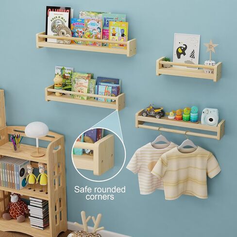 Nursery Floating Shelves with Hanging Rod, 33 Inch Kid's Bookshelves Set of 2, Wall Mounted Baby Clothes Organizer, Kitchen Spice Rack, Picture Ledge Shelf, Unfinished in Saudi Arabia