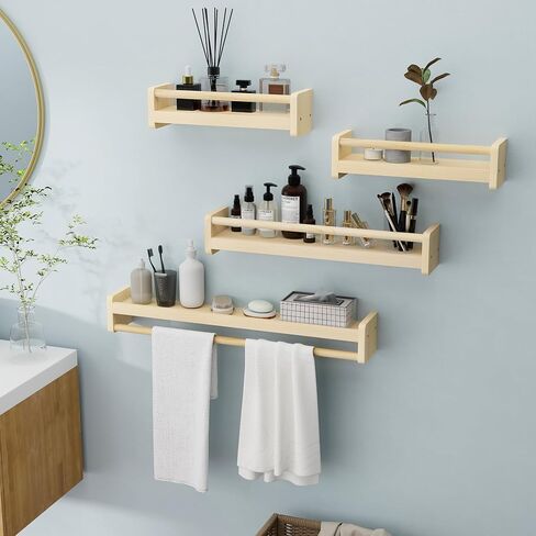 Nursery Floating Shelves with Hanging Rod, 33 Inch Kid's Bookshelves Set of 2, Wall Mounted Baby Clothes Organizer, Kitchen Spice Rack, Picture Ledge Shelf, Unfinished in Saudi Arabia