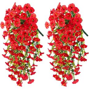 Ivydale 2 PCS Artificial Fall Fake Hanging Flowers Plants Outdoor,Silk Morning Glory Faux Flowers with Eucalyptus Leaves,UV Resistant Realistic Hanging Plant For Home Garden Decor (Orange(Brown Leaf))