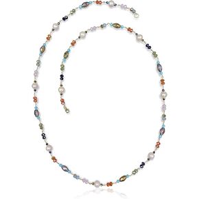 Cultured Freshwater Pearl and Multi Color Multi Shape Crystal Wire Wrapping Beaded Chain Long Station Necklace, about 38" Inches Lon. Multi Strand Necklace. Boho Necklace.