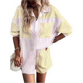 Verdusa Women's 2 Piece Outfit Long Sleeve Button Up Striped Blouse Top and Shorts Sets
