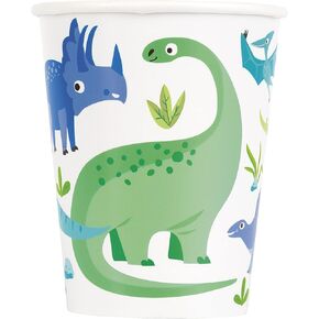 Unique 82215 Paper Cups-266 ml-Blue & Green Dinosaur Party-8 Count (Pack of 1), Multicolour