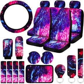 22 Pcs Galaxy Car Seat Covers,Purple Starry Galaxy Car Accessories Set Steering Wheel Cover Armrest Pad Headrest Seat Belt Cover Handbrake Gear Cover Keychain for Women Car Interior Decor