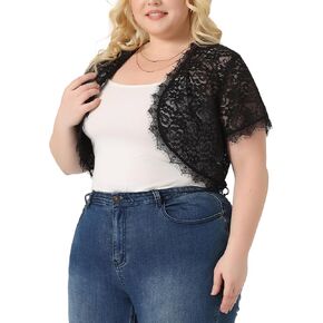 Agnes Orinda Plus Size Women's Elegant Short Sleeve Sheer Floral Lace Bolero Shrug Top