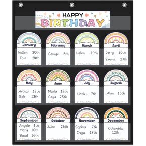 Classroom Birthday Pocket Chart, Rainbow Classroom Birthday Display, Student Birthday Tracker,Classroom Decor (White)