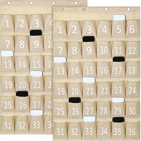 Numbered Pocket Chart for Classroom Burlap Cell Phone Holder Farmhouse Burlap Calculator Holder with 36 Number Sticker Hanging Pocket Organizer for Classroom Office Wall Door Storage(2 Pcs)