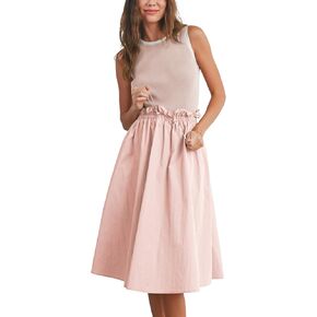 Hongsui Women's Contrast Tank Dress Casual Summer Ruffled Midi Dress with Pockets