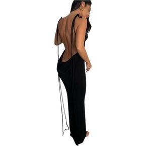 RARITYUS Women's Sexy Cowl Neck Backless Maxi Dress Elegant Satin Bowknot Long Dress Cocktail Party Evening Gown