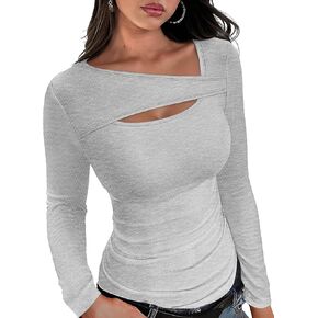 XIEERDUO Womens Long Sleeve Tops Slim Fit Fall Shirts Cutout Tops Y2K Ribbed Tshirt